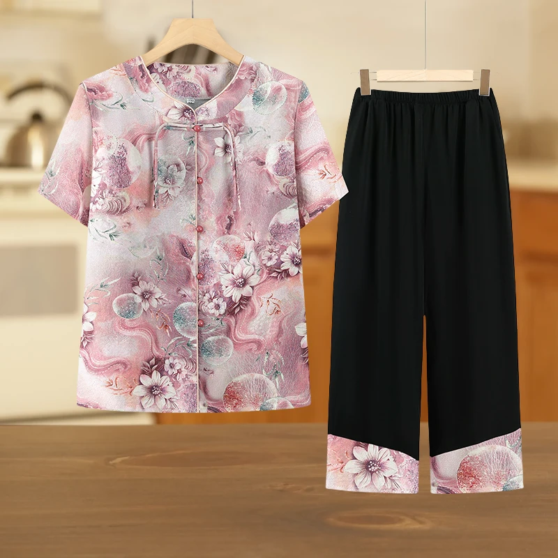 妈妈装女装宽松夏装T恤套装洋气夏季奶奶新款短袖圆领衣服两件套