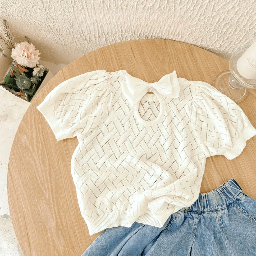 女童针织上衣薄款镂空短袖蝴蝶结泡泡袖上衣女宝2025新款儿童上衣