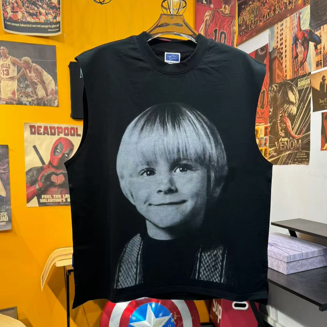 童年时的柯本印花重磅高街砍袖运动背心百搭复古美式宽松砍肩T恤