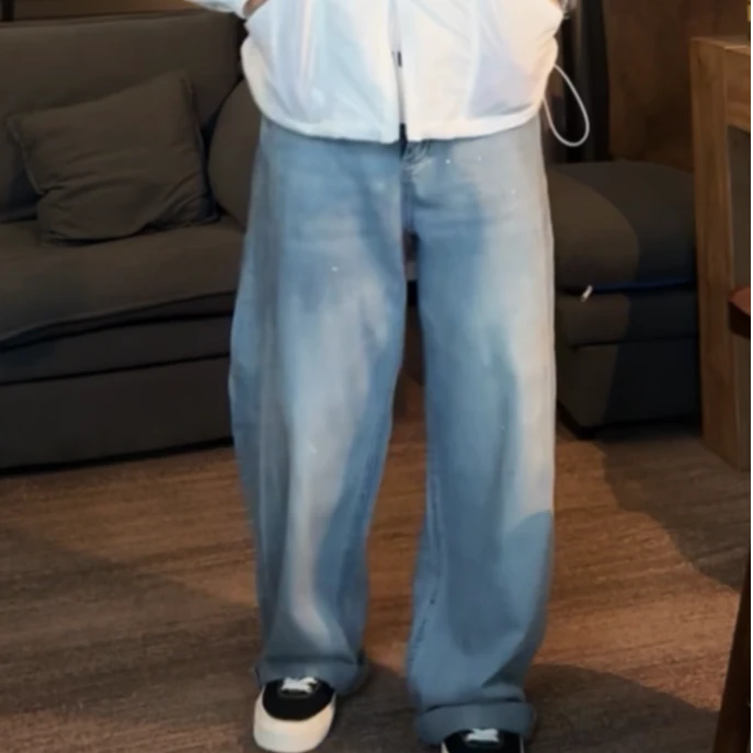 夏季泼墨纯棉直筒男女牛仔裤