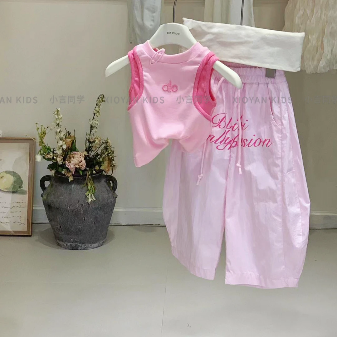 小言-2025女童夏季新款撞色字母短袖背心上衣搭配洋气裤子套装