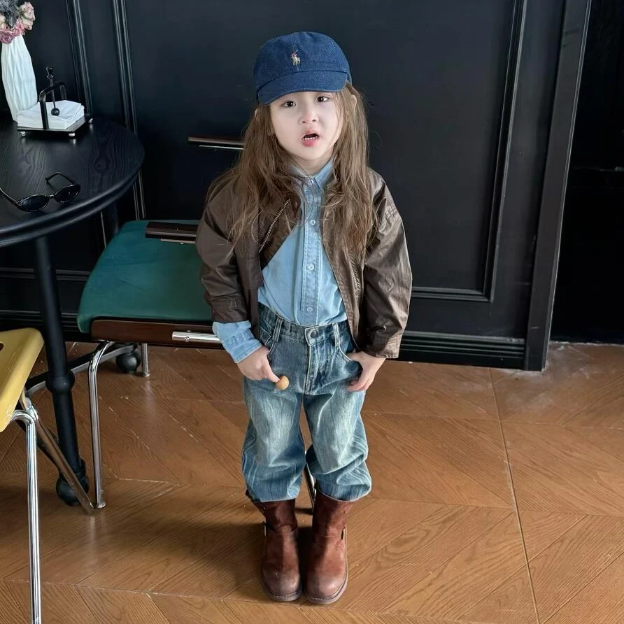 小思家2025秋季新款女童韩版洋气夹克外套牛仔蓝衬衫牛仔裤套装
