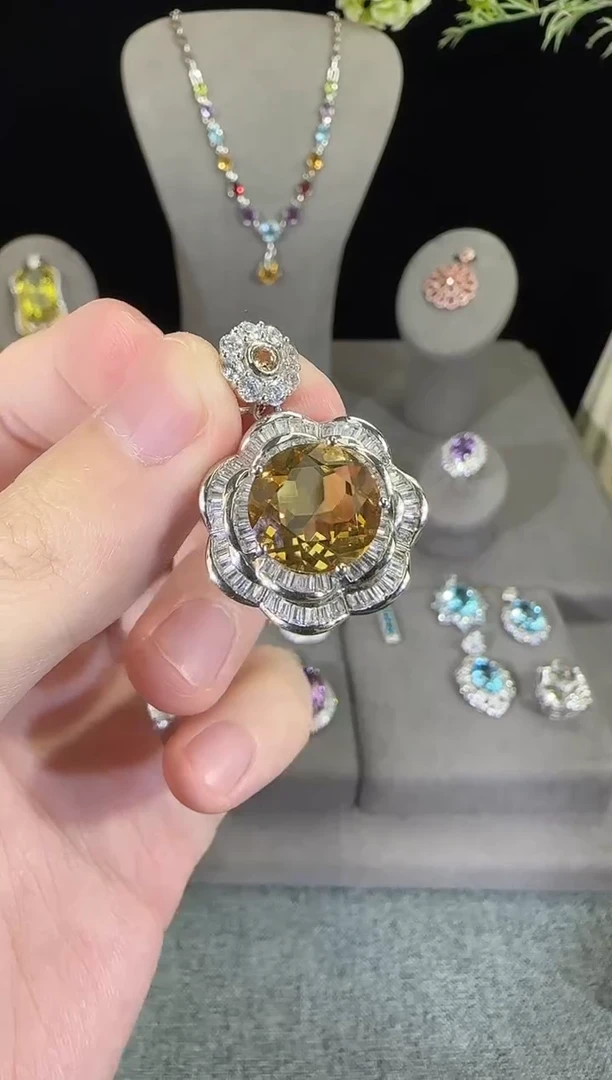 银S925镶嵌颈饰黄晶13mm吊坠