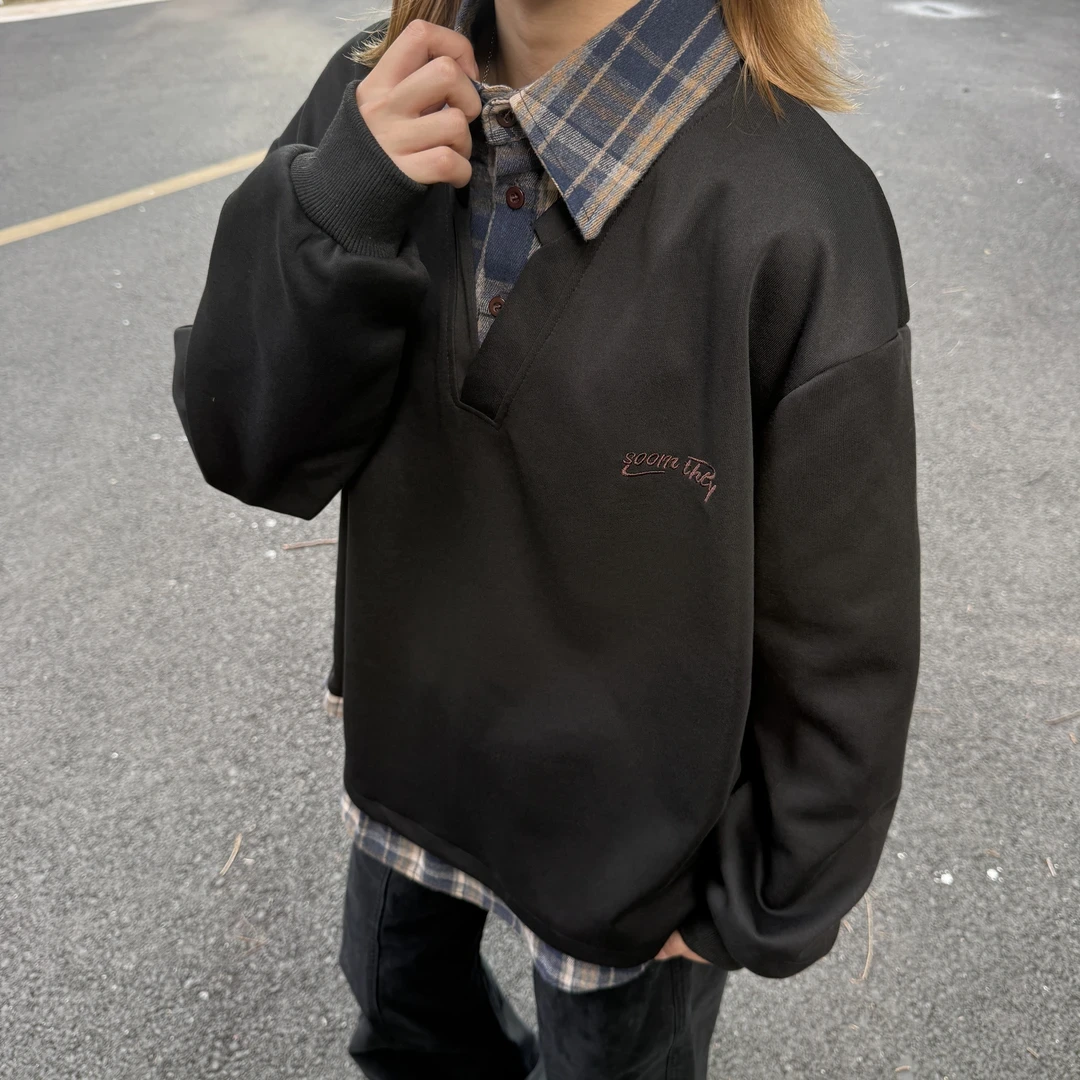 假两件衬衫领卫衣男春秋季美式潮牌撞色拼接宽松cleanfit上衣外套