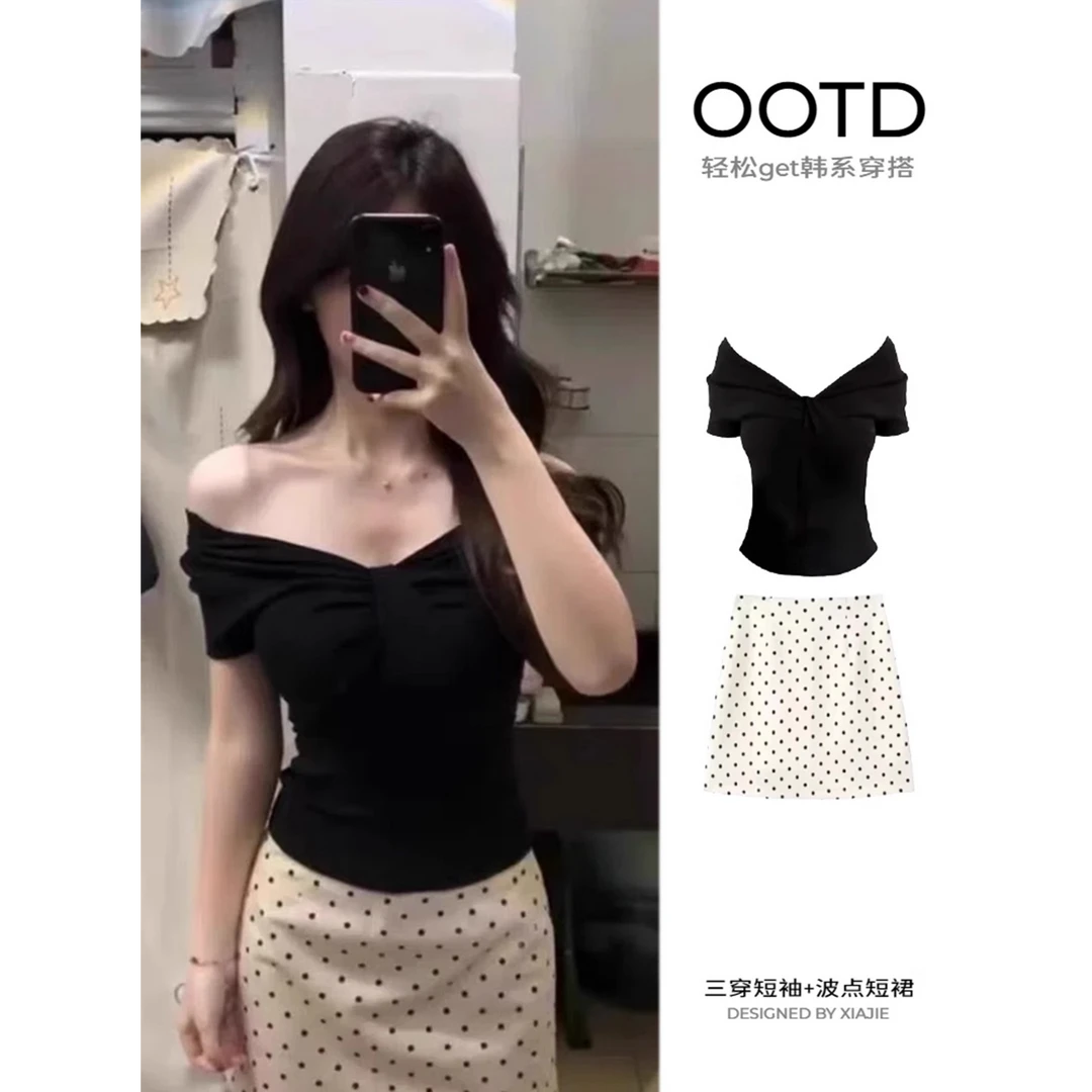 黑色短袖波点裙巨好看的两件套显瘦辣妹一套夏日绝美漂亮套装短裙