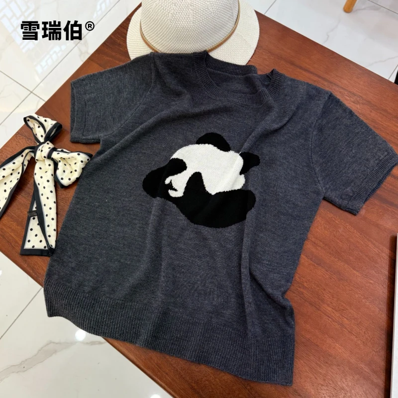 【桑蚕丝羊毛】卡通熊猫经典黑灰针织衫圆领女装打底衫毛衣长袖627