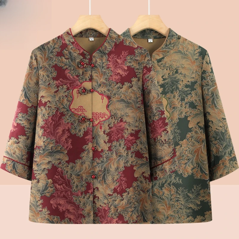 新中式中老年洋气奶奶夏季衬衫中袖盘扣老太太衣服薄款大码奶奶装