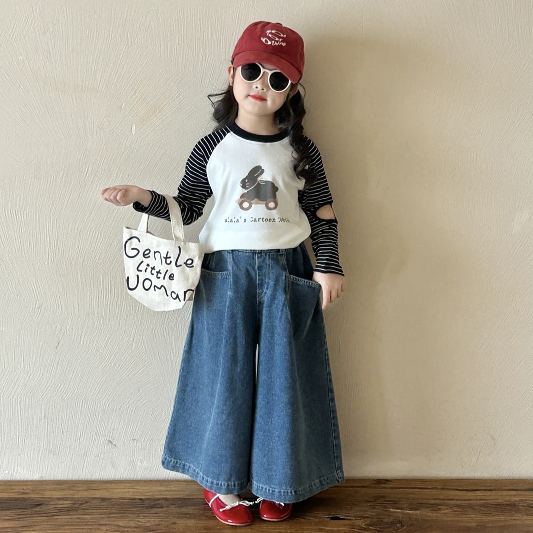 女童长袖T恤韩版套装2025女宝宝卡通印花拼接条纹打底衫牛仔裤