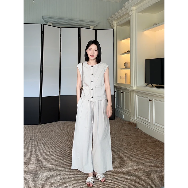 郭九九呢 亚麻棉简约通勤显瘦无袖上衣高腰阔腿长裤 G925Z08965