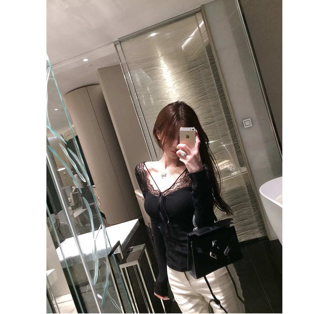 杜总家 夜莺与玫瑰*原创气质性感蕾丝拼接内搭长袖气质百搭上衣