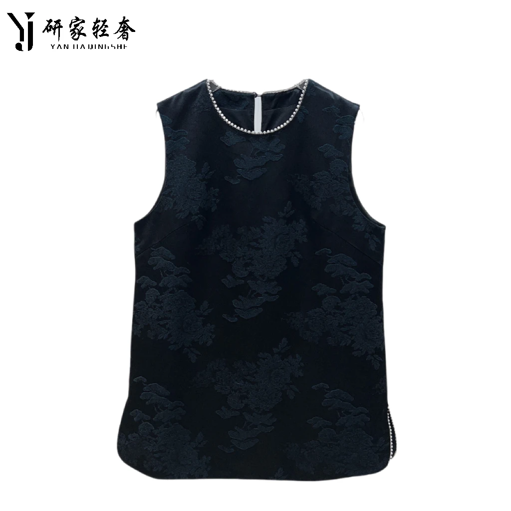 5616研家轻奢新中式圆领重工订珠边双开叉提花无袖背心马甲上衣