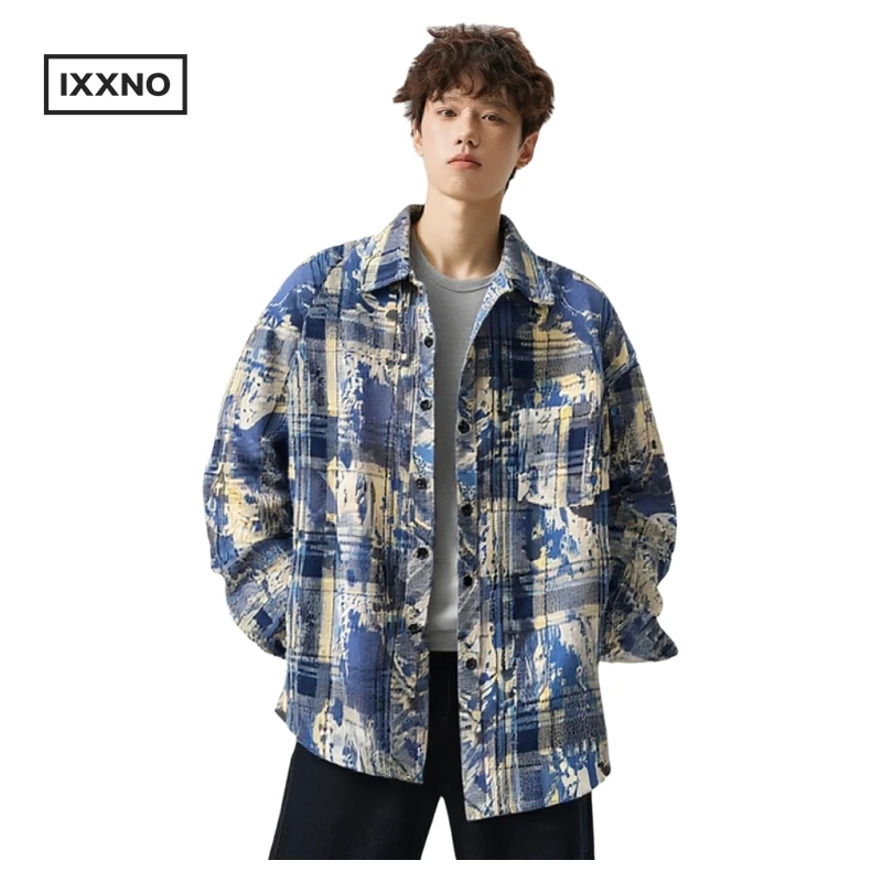 春秋格子港风扎染长袖复古衬衫休闲百搭格子衬衫上衣外套ins韩版