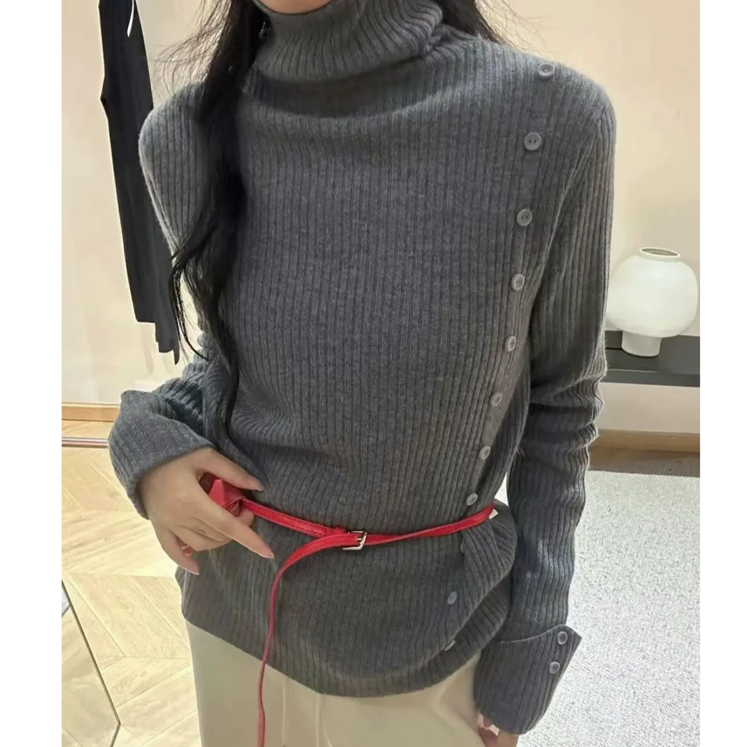 堆堆领单排扣打底针织衫女欧洲站2024新款欧货高领毛衣K8030