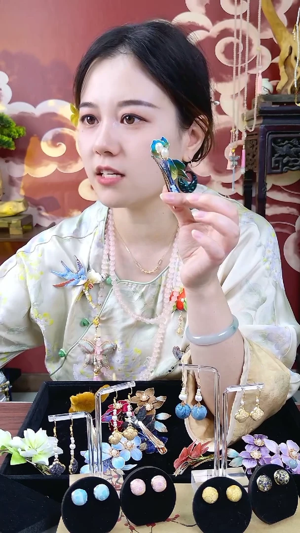 纯铜合金琉璃宋锦耳钉 好美