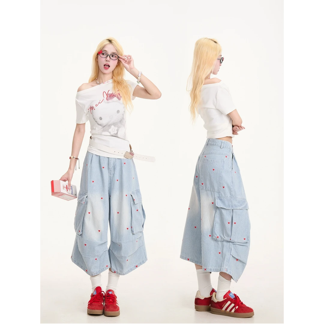 2025爱心设计感牛仔七分裤男女街头褶皱多口袋宽松小众工装短裤潮