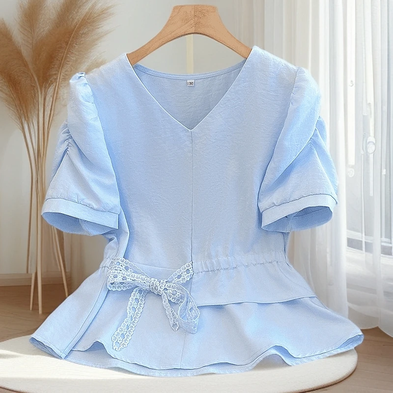 设计感收腰显瘦蕾丝蝴蝶结衬衫2025夏季新款气质洋气时尚牛仔上衣