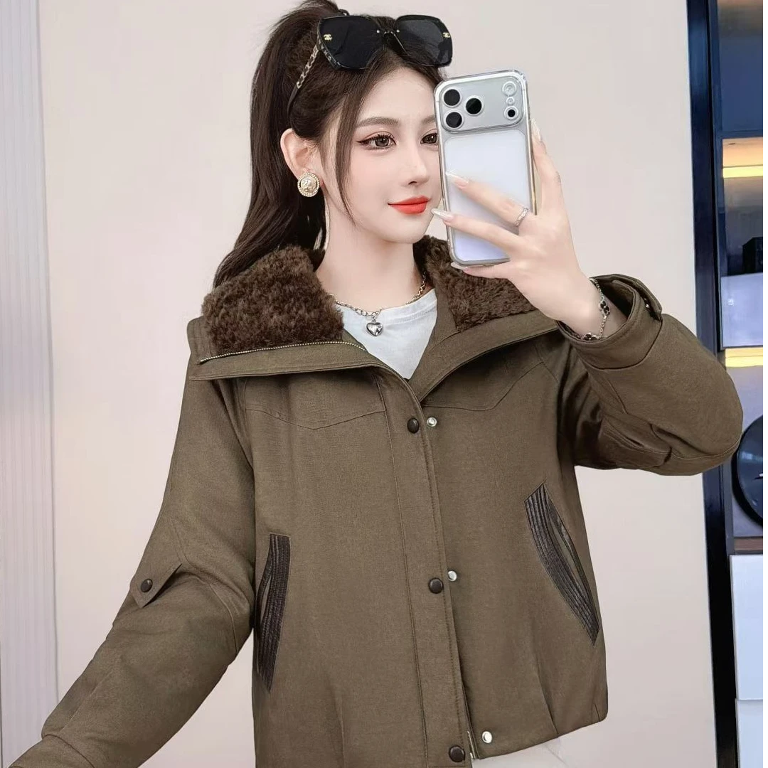 新款气质长袖拉链短款女纯色宽松型百搭宽松冬季秋冬加绒加厚外套