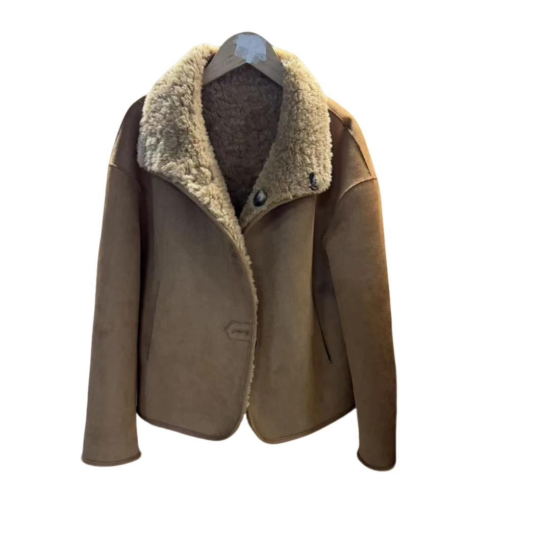 两面穿皮毛一体羊羔毛机车女秋冬美拉德宽松加厚毛毛外套