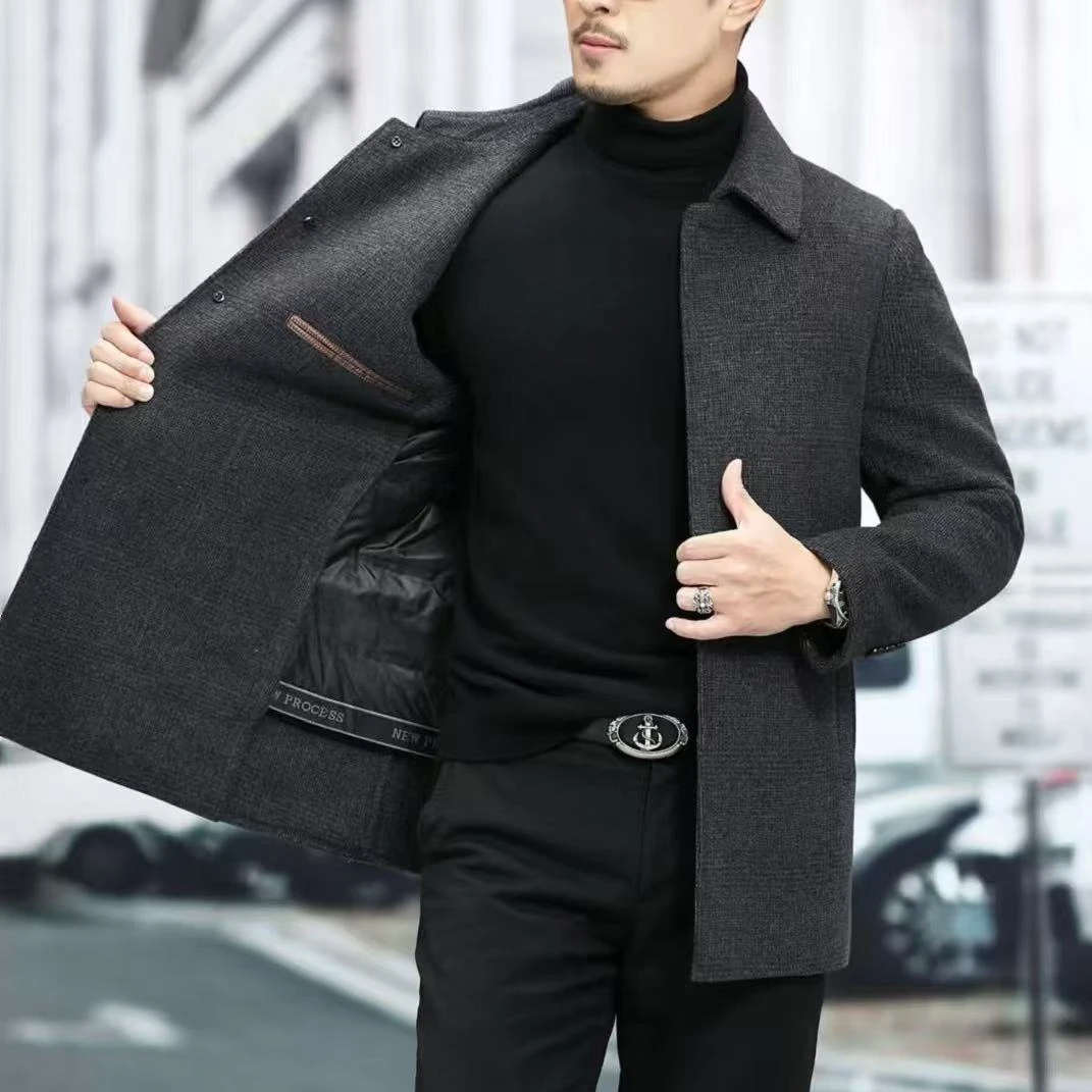 行政风商务休闲男装羊毛呢大衣加绒加厚内胆可拆翻领中年11578