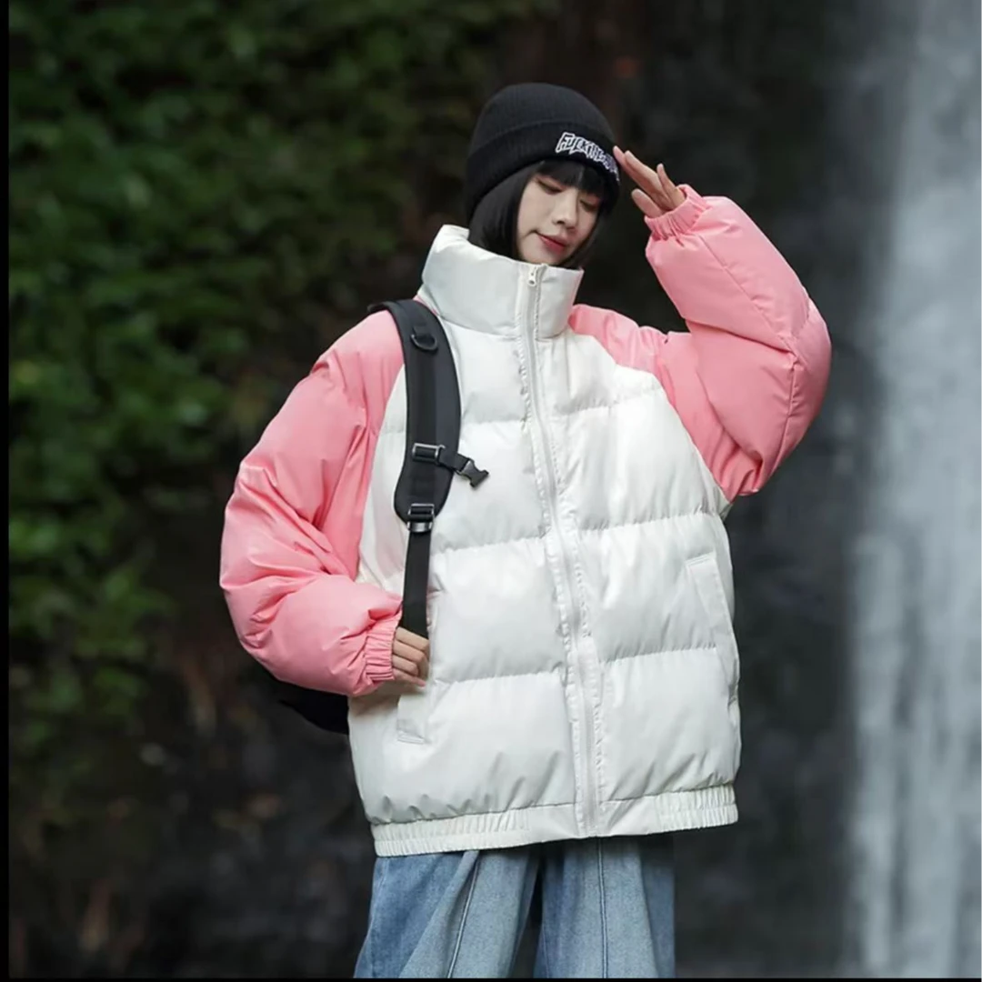 【7358】韩系撞色设计感立领插肩袖棉服~男女同穿