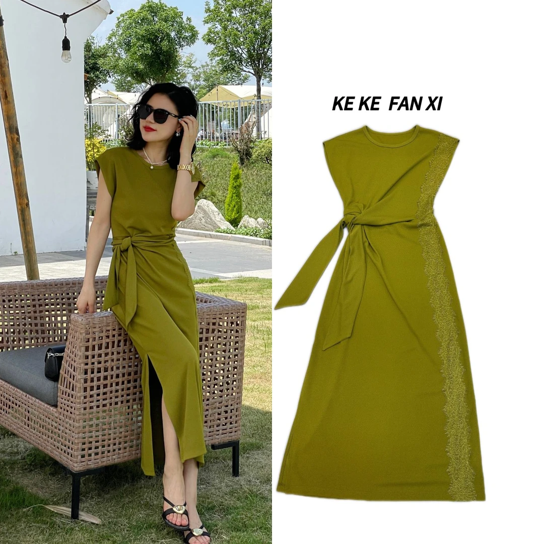 663抹肩袖长款拼蕾丝连衣裙显瘦气质时尚夏季开叉系带设计感