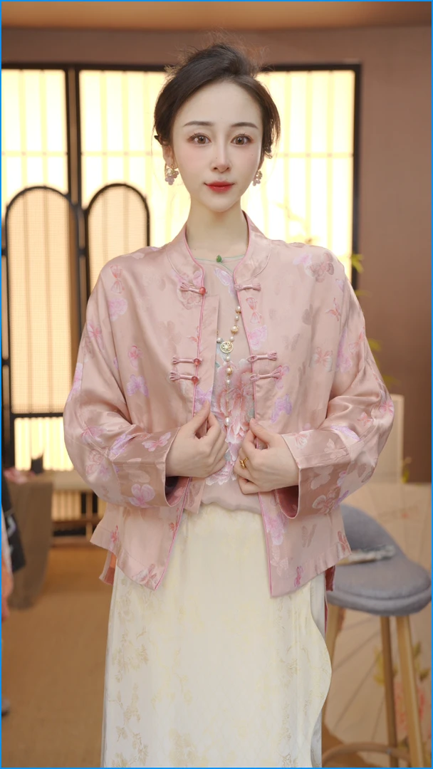 （粉蝶）2025春季新款重工提花国风盘扣百搭开衫上衣FB2502195