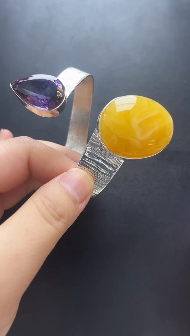 银S925镶嵌琥珀裸石?****༻蜜蜡手镯