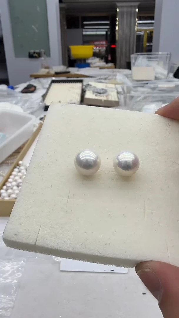 银S925镶嵌耳钉淡水珍珠13-14mm