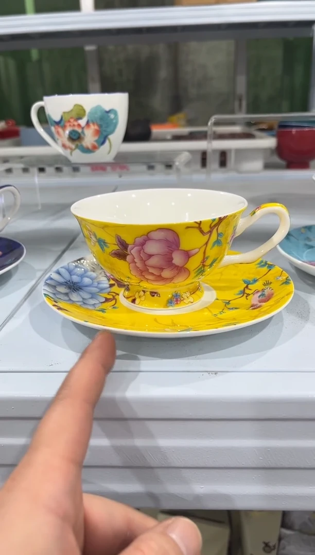 杯子骨瓷（简装）黄色咖啡杯碟一套+小勺