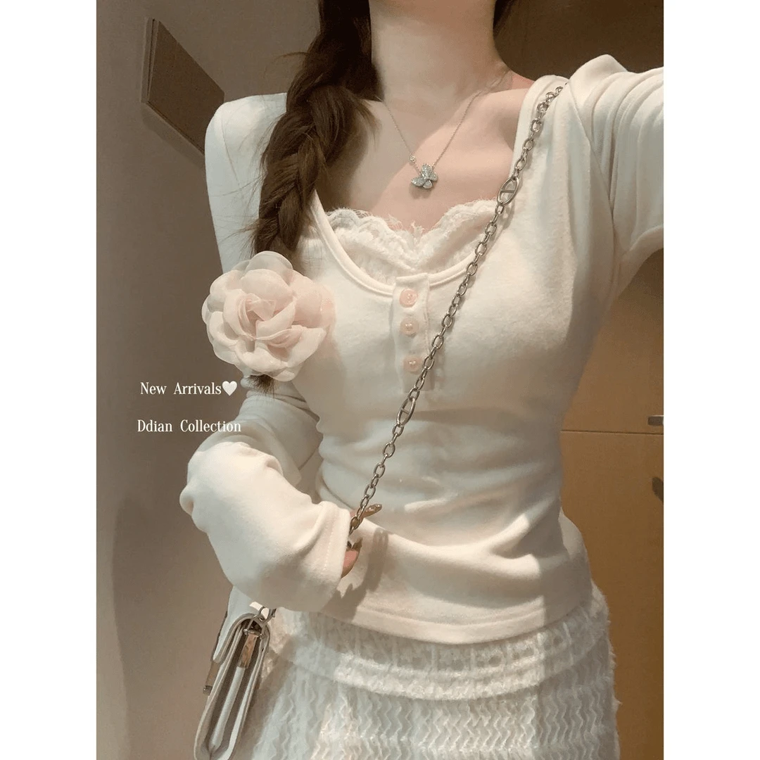 蕾丝拼接假两件t恤女高贵上档次小衫春秋新款修身显瘦纯欲长袖辉