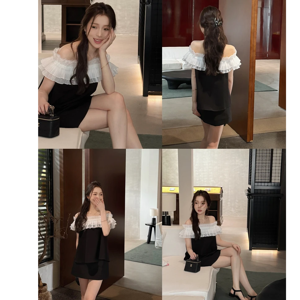 YPP！【名媛千金感】优雅气质蕾丝一字肩上衣百搭半身裙套装