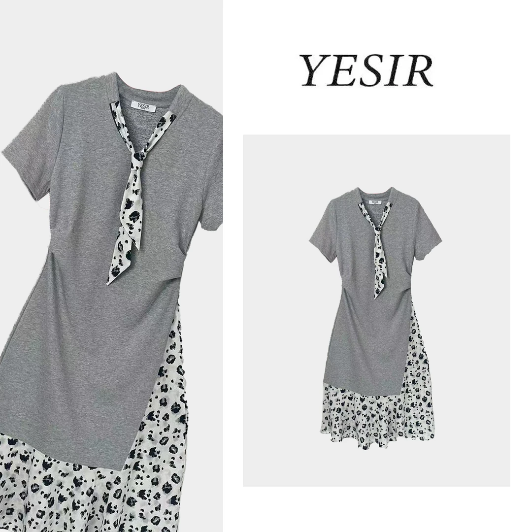 Q25155时尚拼接波点设计收腰连衣裙