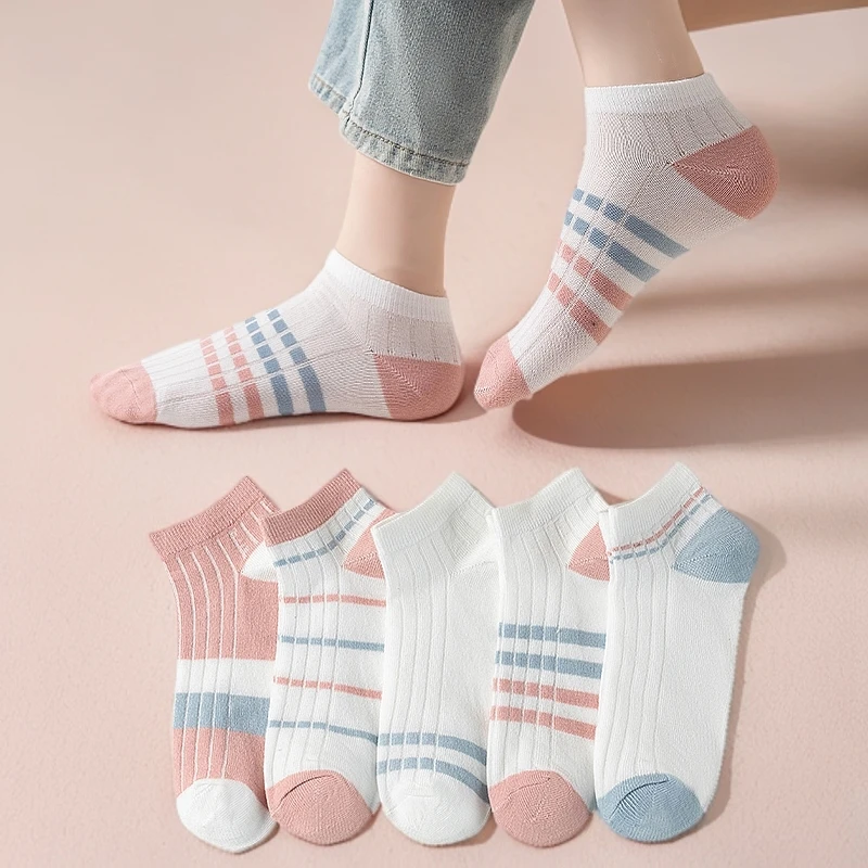 春季新款时尚潮流短袜女生可爱女款薄款低帮透气简约条纹短筒袜子