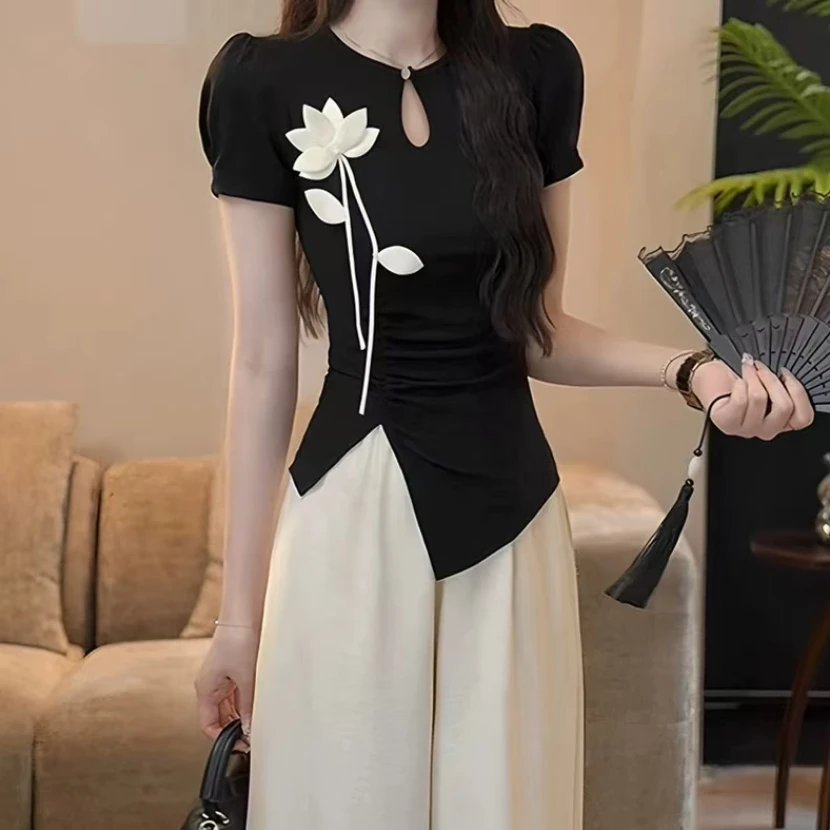 【橙子定制】夏季新款新中式立体花朵短袖T恤#8268