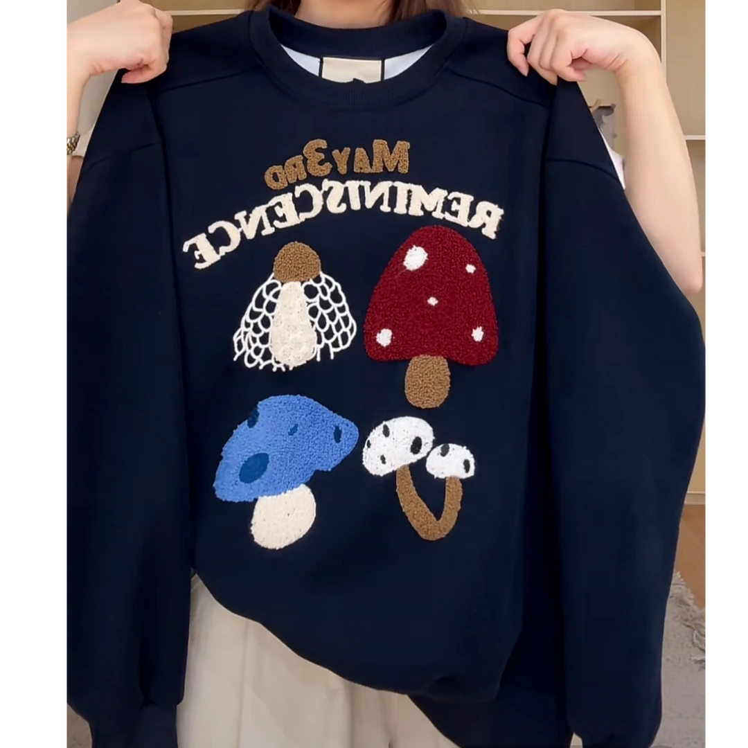 设计感蘑菇刺绣图案韩系重工卫衣女秋冬季毛巾刺绣长袖上衣-12172