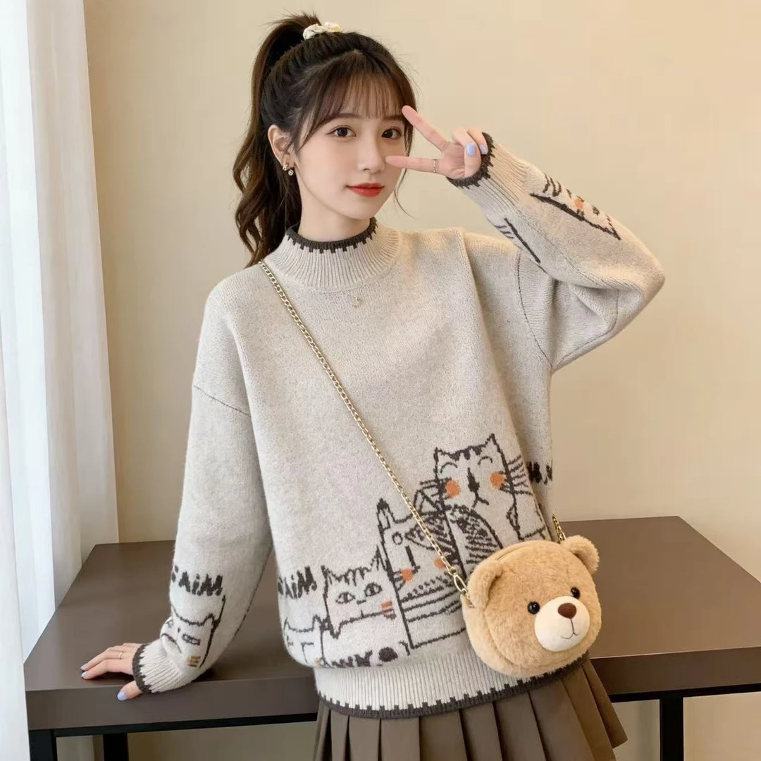 初中小学生半高领卡通加绒毛衣12-15岁保暖内搭女大童打底衫秋冬