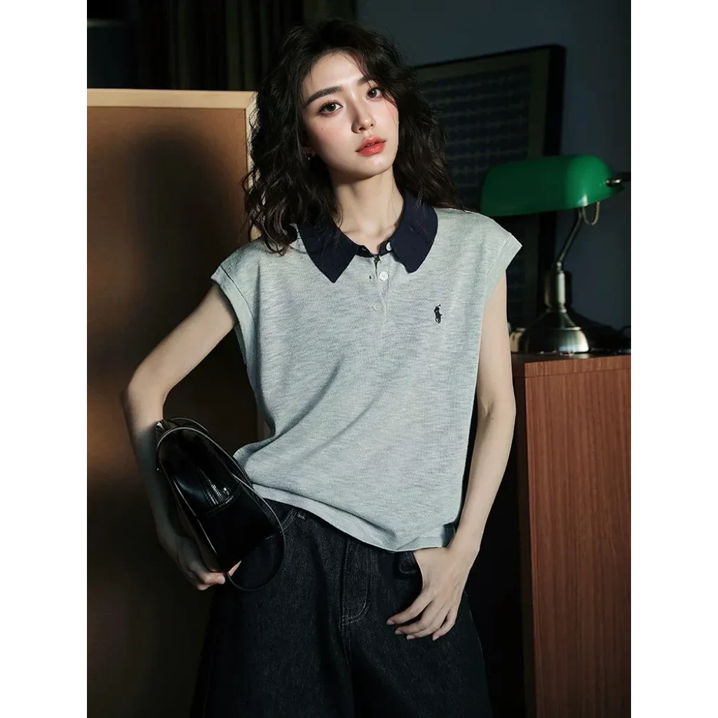 【M21】拼接刺绣夏季清凉感复古polo领显瘦设计感T恤U060