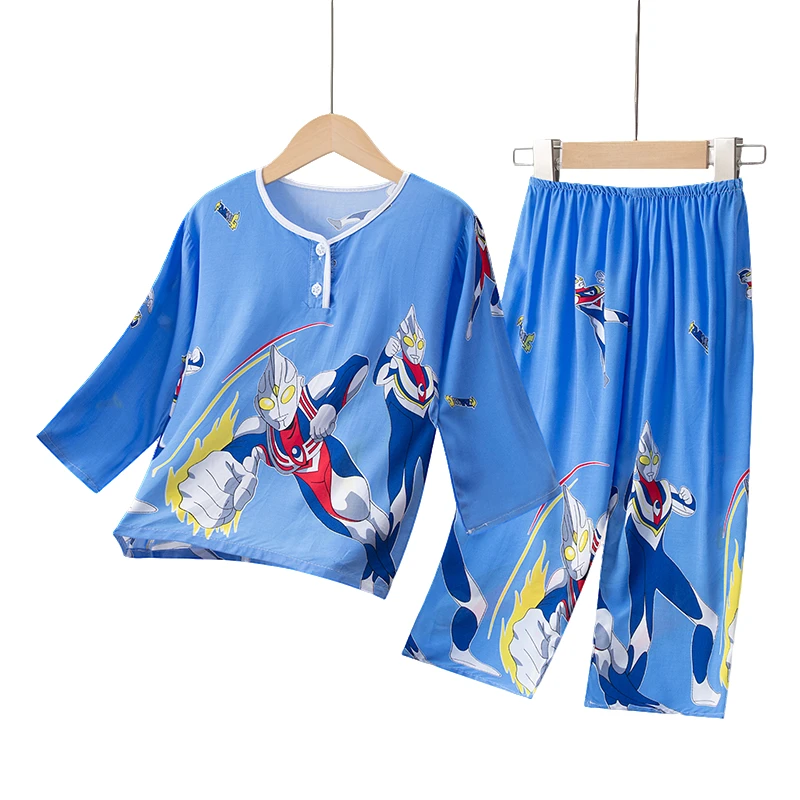 春夏季儿童睡衣宝宝家居服套装男童女童中大童空调服绵绸长袖薄款