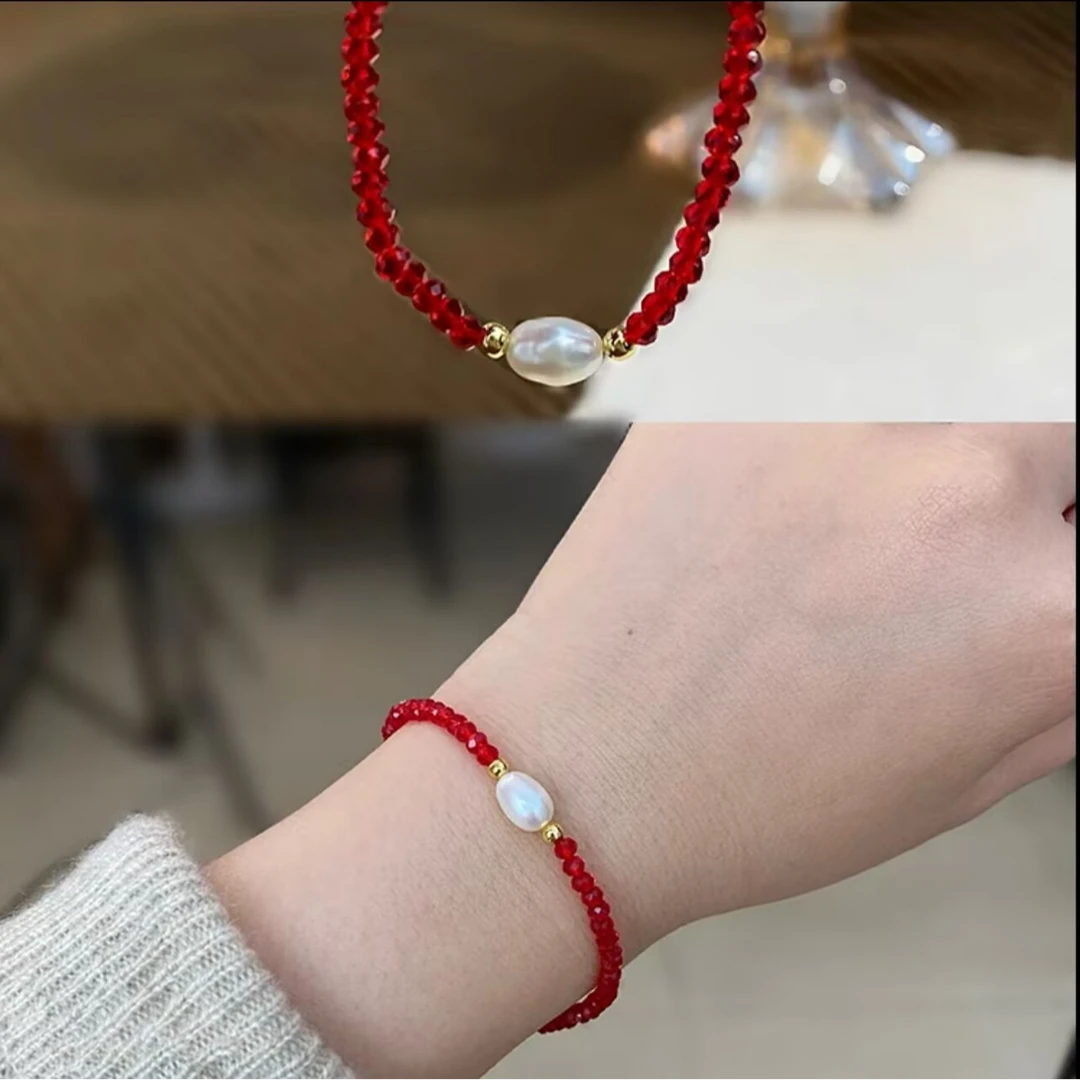 天然淡水珍珠项链女新中式红水晶珍珠颈链小众素款时尚百搭锁骨链
