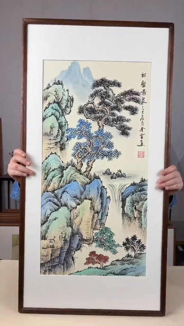 国画手绘*松鹤鸣泉*47*92cm带框发货