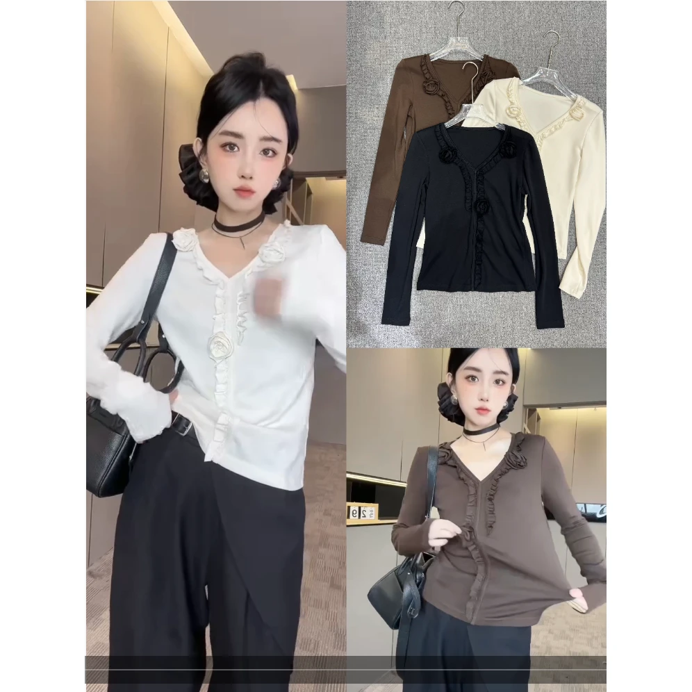 KIKI严选：92503-MT家欧货南油秋季V领立体花小众炸街长袖T恤