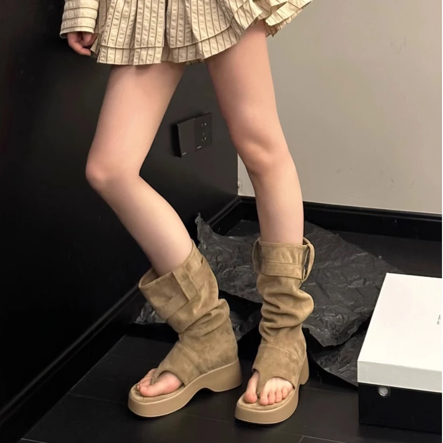 美拉德夹趾靴2025新款厚底增高西部牛仔堆堆靴夹脚凉靴女短靴潮