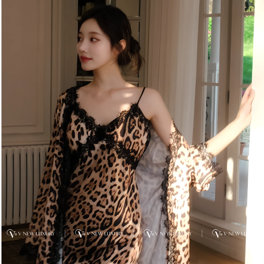 跨境爆款睡衣缎面丝女两件套吊带睡裙性感豹纹品牌新品V9P1624