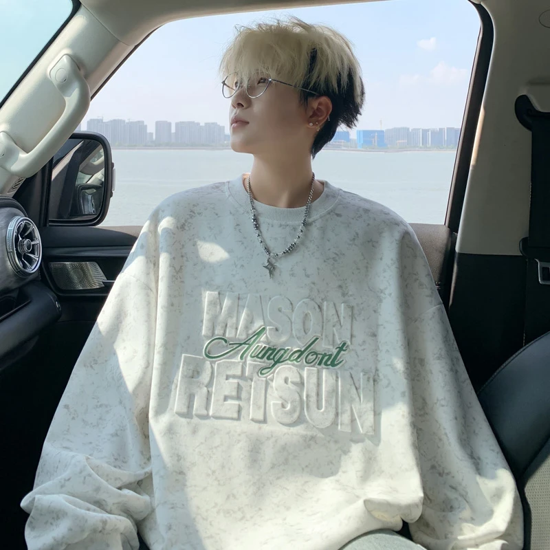 重磅美式圆领卫衣外套男女情侣秋季扎染钢印男生长袖百搭宽松春秋