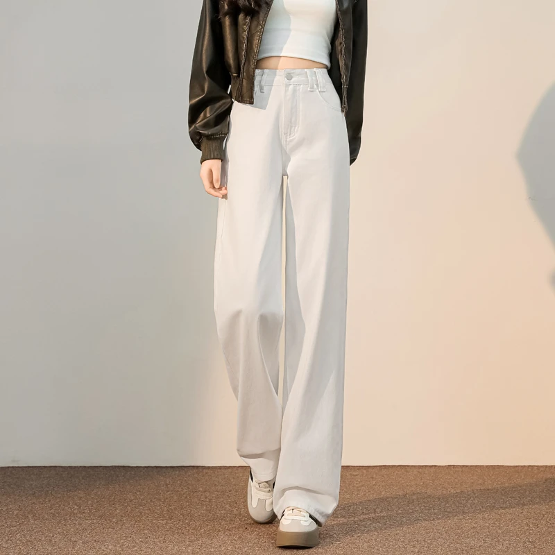 小个子窄白牛仔显瘦宽腿裤2025年春秋新款高腰小宽松直腿拖地裤