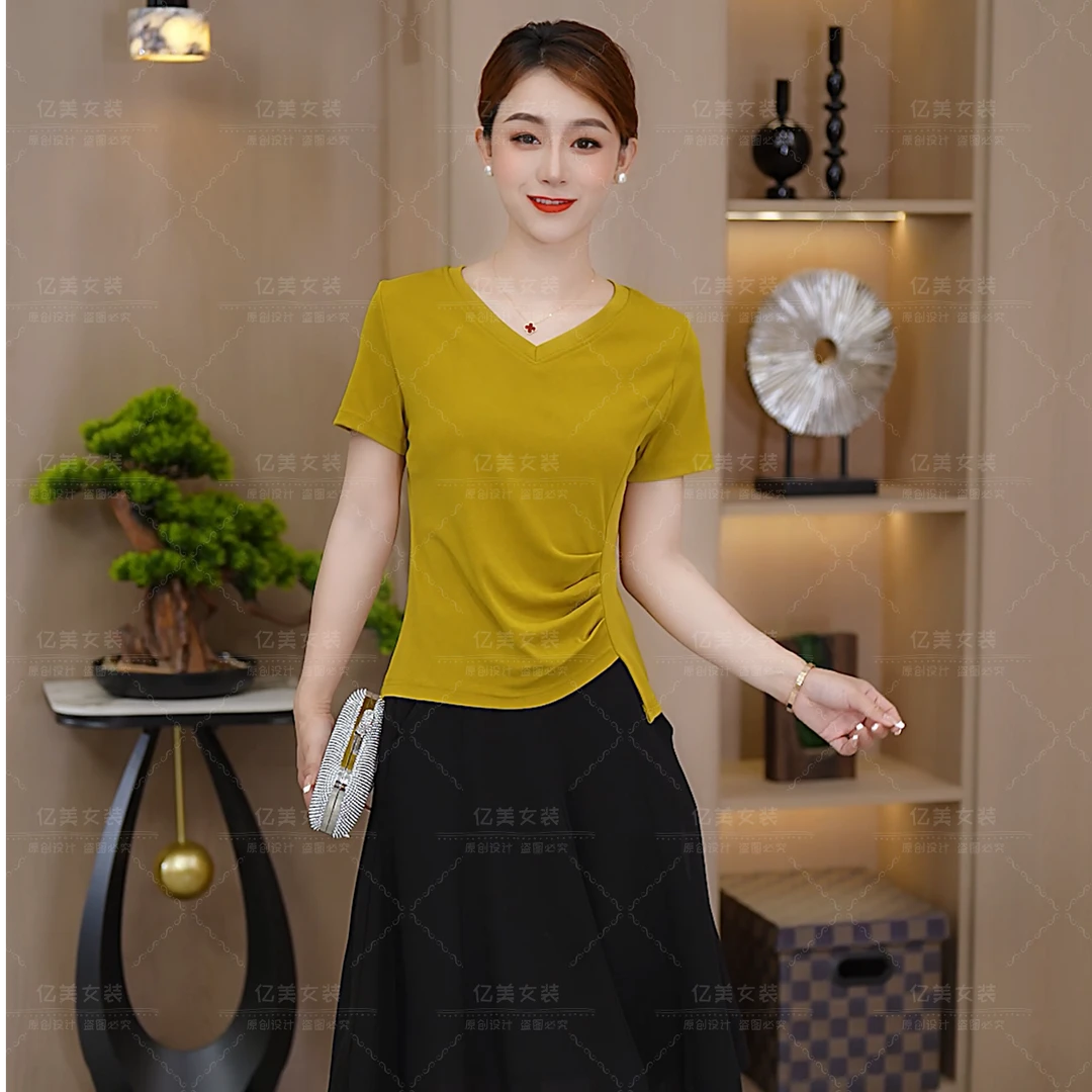 2025新款爆款女短袖T恤显瘦气质修身时尚夏季不规则上衣遮肚子