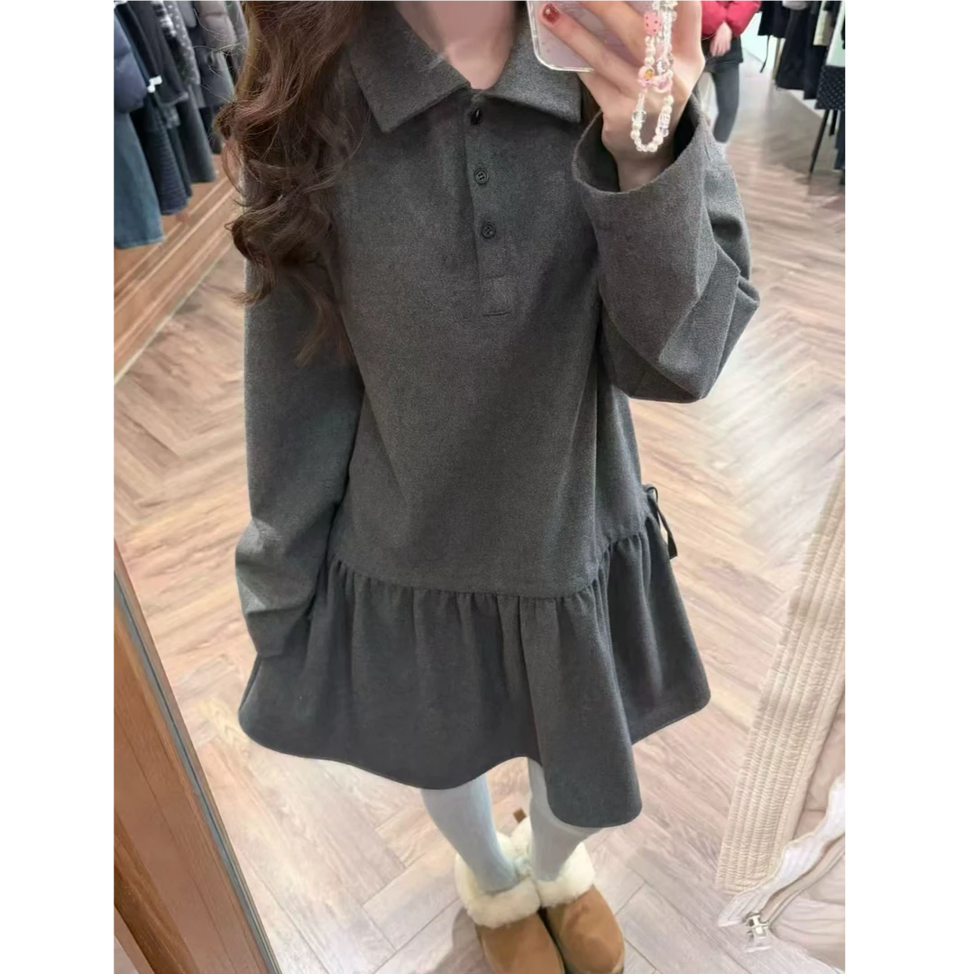 【钱呼呼】2025秋冬新款韩系气质款灰色内搭可抽绳收腰连衣裙 女