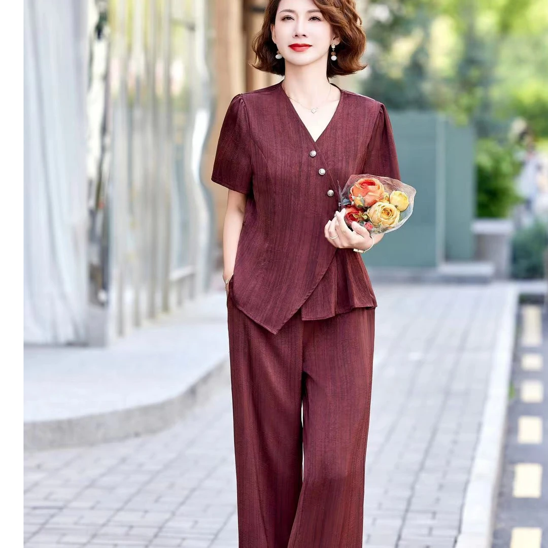 8999-中老年小衫纽扣时尚显瘦两件套常规款夏季减龄洋气【艾维美】
