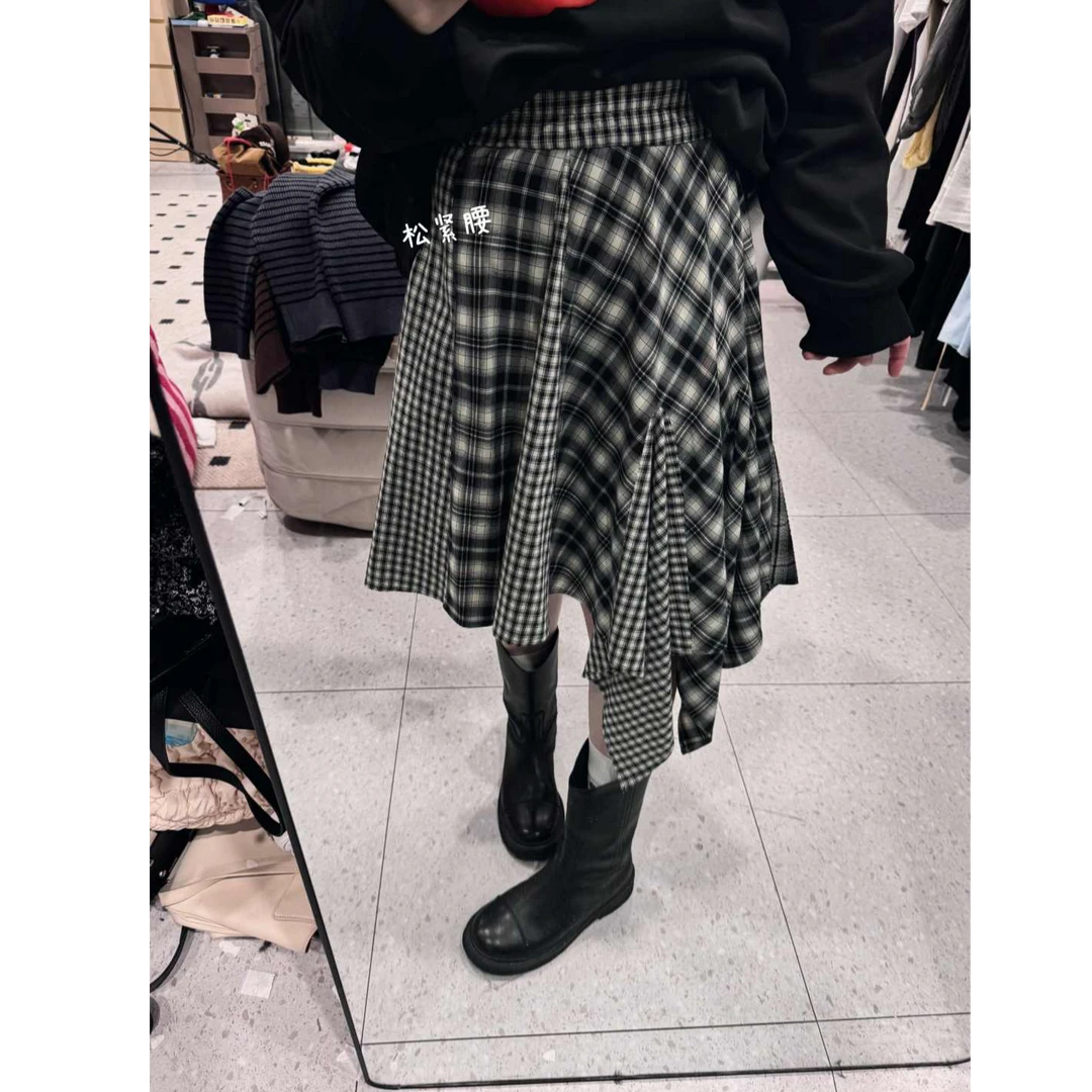 晶咕【3折叠！】设计感3种黑白格子拼接不规则半身裙