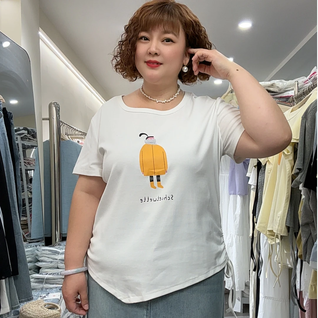 8963韩系卡通不规则抽绳短袖T恤胖mm大码女装休闲印花洋气上衣女